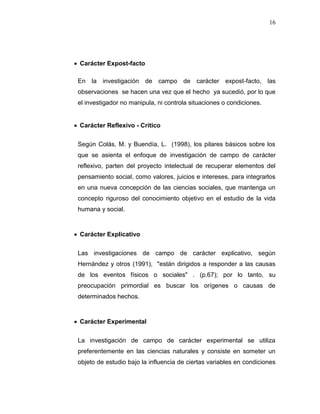 16
 Carácter Expost-facto
En la investigación de campo de carácter expost-facto, las
observaciones se hacen una vez que el hecho ya sucedió, por lo que
el investigador no manipula, ni controla situaciones o condiciones.
 Carácter Reflexivo - Crítico
Según Colás, M. y Buendía, L. (1998), los pilares básicos sobre los
que se asienta el enfoque de investigación de campo de carácter
reflexivo, parten del proyecto intelectual de recuperar elementos del
pensamiento social, como valores, juicios e intereses, para integrarlos
en una nueva concepción de las ciencias sociales, que mantenga un
concepto riguroso del conocimiento objetivo en el estudio de la vida
humana y social.
 Carácter Explicativo
Las investigaciones de campo de carácter explicativo, según
Hernández y otros (1991), "están dirigidos a responder a las causas
de los eventos físicos o sociales" . (p.67); por lo tanto, su
preocupación primordial es buscar los orígenes o causas de
determinados hechos.
 Carácter Experimental
La investigación de campo de carácter experimental se utiliza
preferentemente en las ciencias naturales y consiste en someter un
objeto de estudio bajo la influencia de ciertas variables en condiciones
 