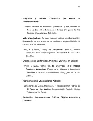 44
- Programas y Eventos Transmitidos por Medios de
Telecomunicación:
Consejo Nacional de Educación. (Productor). (1998, Febrero 7).
Mensaje Educativo: Educación y Estado Programa de TV.
Caracas: Venezolana de Televisión.
- Material Audiovisual: En estos casos se encierra entre barras el tipo
de material y las aclaratorias de las funciones o responsabilidades de
los autores entre paréntesis:
Siso, R. (Director). (1999). El Compromiso Película. Mérida,
Venezuela: Trova Cinematográfica - Universidad de Los Andes,
Cine ULA.
- Grabaciones de Conferencias, Ponencias y Eventos en General:
Arvelo, L. (2000, Febrero 28). La Efectividad en el Proceso
Enseñanza Aprendizaje Grabación en Vídeo de la Conferencia
Ofrecida en el Seminario Planteamientos Pedagógicos en Valores,
Mérida.
- Representaciones y Exposiciones Públicas:
Comediantes de Mérida, Maldonado, P. (Director).(1999, Febrero 6).
El Pastel de Don Jacinto Representación Teatral. Mérida:
Gobernación del Estado.
- Fotografías, Representaciones Gráficas, Objetos Artísticos y
Culturales:
 