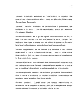 67
Variables Individuales: Presentan las características o propiedad que
caracteriza a individuos determinados, y puede ser: Absolutas, Relacionales,
Comparativas, Contextuales
Variables Colectivas: Presentan las características o propiedades que
distinguen a un grupo o colectivo determinado y puede ser: Analíticas,
Estructurales, Globales.
Variable antecedente: Es la que se supone como antecedente de otra, es
decir que hay variables que son antecedentes de otras. Ejemplo: para
realizar un aprendizaje se supone un grado mínimo de inteligencia. Por tanto,
la variable inteligencia es un antecedente de la variable aprendizaje.
Variable Independiente: Es la variable que antecede a una variable
dependiente, la que se presenta como causa y condición de la variable
dependiente, es decir, son las condiciones manipuladas por el investigador a
fin de producir ciertos efectos.
Variable Dependiente: Es la variable que se presenta como consecuencia de
una variable antecedente. Es decir, que es el efecto producido por la variable
que se considera independiente, la cual es manejada por el investigador.
Variable Interviniente o Alterna: Es la variable que aparece interponiéndose
entre la variable independiente y la variable dependiente y en el momento de
relacionar las variables interviene forma notoria.
Variables Extrañas: Cuando existe una variable independiente no
relacionada con el propósito de estudio, pero que puede presentar efectos
sobre la variable dependiente tenemos una variable extraña.
 