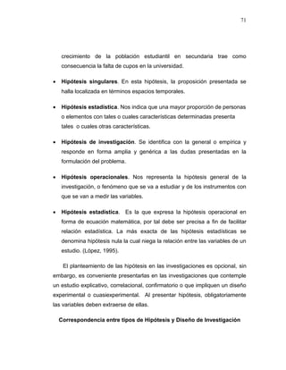 71
crecimiento de la población estudiantil en secundaria trae como
consecuencia la falta de cupos en la universidad.
 Hipótesis singulares. En esta hipótesis, la proposición presentada se
halla localizada en términos espacios temporales.
 Hipótesis estadística. Nos indica que una mayor proporción de personas
o elementos con tales o cuales características determinadas presenta
tales o cuales otras características.
 Hipótesis de investigación. Se identifica con la general o empírica y
responde en forma amplia y genérica a las dudas presentadas en la
formulación del problema.
 Hipótesis operacionales. Nos representa la hipótesis general de la
investigación, o fenómeno que se va a estudiar y de los instrumentos con
que se van a medir las variables.
 Hipótesis estadística. Es la que expresa la hipótesis operacional en
forma de ecuación matemática, por tal debe ser precisa a fin de facilitar
relación estadística. La más exacta de las hipótesis estadísticas se
denomina hipótesis nula la cual niega la relación entre las variables de un
estudio. (López, 1995).
El planteamiento de las hipótesis en las investigaciones es opcional, sin
embargo, es conveniente presentarlas en las investigaciones que contemple
un estudio explicativo, correlacional, confirmatorio o que impliquen un diseño
experimental o cuasiexperimental. Al presentar hipótesis, obligatoriamente
las variables deben extraerse de ellas.
Correspondencia entre tipos de Hipótesis y Diseño de Investigación
 