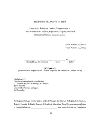 TITULO DEL TRABAJO O LA TESIS
Proyecto del Trabajo de Grado o Tesis para optar al
Título de Especialista Técnico, Especialista, Magíster, Doctor en
xxxxxxxxxx Mención xxxxxxxxxxxxxx
Autor: Nombre y Apellido
Tutor: Nombre y Apellido
__________________________, ______________, de________
(Ciudad Sede del Instituto) (mes) (año)
(ANEXO A-2)
[Constancia de aceptación del Tutor en Proyectos de Trabajos de Grado o Tesis]
Ciudadano (a):
Coordinador (a) y demás miembros de
la Comisión Técnica de Trabajo de Grado o
Tesis Doctoral.
Universidad Rómulo Gallegos
Su Despacho.-
Por la presente hago constar que he leído el Proyecto del Trabajo de Especialista Técnico,
Trabajo Especial de Grado, Trabajo de Grado de Maestría o Tesis Doctoral, presentado por
el (la) ciudadano (a) __________________________, para optar al Grado de Especialista
39
 