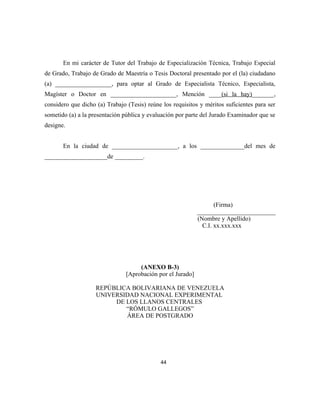 En mi carácter de Tutor del Trabajo de Especialización Técnica, Trabajo Especial
de Grado, Trabajo de Grado de Maestría o Tesis Doctoral presentado por el (la) ciudadano
(a) __________________, para optar al Grado de Especialista Técnico, Especialista,
Magíster o Doctor en _____________________, Mención ____(si la hay)_______,
considero que dicho (a) Trabajo (Tesis) reúne los requisitos y méritos suficientes para ser
sometido (a) a la presentación pública y evaluación por parte del Jurado Examinador que se
designe.
En la ciudad de _____________________, a los ______________del mes de
____________________de _________.
(Firma)
_________________________
(Nombre y Apellido)
C.I. xx.xxx.xxx
(ANEXO B-3)
[Aprobación por el Jurado]
REPÚBLICA BOLIVARIANA DE VENEZUELA
UNIVERSIDAD NACIONAL EXPERIMENTAL
DE LOS LLANOS CENTRALES
“RÓMULO GALLEGOS”
ÁREA DE POSTGRADO
44
 