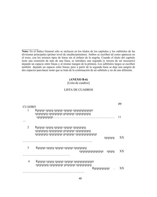 ___________
Nota: En el Índice General sólo se incluyen en los títulos de los capítulos y los subtítulos de las
divisiones principales (primer nivel de encabezamientos). Ambos se escriben tal como aparecen en
el texto, con los mismos tipos de letras sin el énfasis de la negrita. Cuando el título del capítulo
tiene una extensión de más de una línea, se introduce una segunda (y tercera de ser necesario)
dejando un espacio entre líneas y al mismo margen de la primera. Los subtítulos largos se escriben
también dejando un espacio entre líneas; pero a partir de la segunda línea se deja una sangría de
dos espacios para hacer notar que se trata de la continuación de un subtítulo y no de uno diferente.
(ANEXO B-6)
[Lista de cuadros]
LISTA DE CUADROS
pp.
CUADRO
1 Rgrgrgr rgrgrg rgrgrgr rgrgrgr rgrgrgrgrgrgrgrr
rgrgrgrgrg rgrgrgrgrgr grrgrgrgr rgrgrgrgrgrg
rgrgrgrgrgrgr……………………………………………………
…
11
2 Rgrgrgr rgrgrg rgrgrgr rgrgrgr rgrgrgrgrg
rgrgrgrgrg rgrgrgrgrgr grrgrgrgr rgrgrgrgrgrg
rgrgrgrgrg rgrgrgrgrgr grrgrgrgr rgrgrgrgrgrgrgrgr
rgrgrgrg
…………………………………………………………..
XX
3 Rgrgrgr rgrgrg rgrgrgr rgrgrgr rgrgrgrgrg
rgrgrgrgrgrgrgrgrgr rgrgrg
……………………………………….
XX
4 Rgrgrgr rgrgrg rgrgrgr rgrgrgr rgrgrgrgrgrgrgrr
rgrgrgrgrg rgrgrgrgrgr grrgrgrgr rgrgrgrgrgrg
Rgrgrgrgrgrgr .
……………………………………………………
XX
48
 