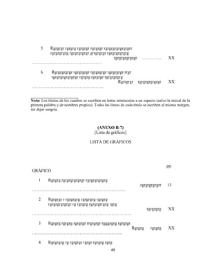 5 Rgrgrgr rgrgrg rgrgrgr rgrgrgr rgrgrgrgrgrgrgrr
rgrgrgrgrg rgrgrgrgrgr grrgrgrgr rgrgrgrgrgrg
rgrgrgrgrgrgr …………..
…………………………………………
XX
6 Rgrgrgrgrgr rgrgrgrgr rgrgrgrgr rgrgrgrgr rrgr
rgrgrgrgrgrgrgr rgrgrg rgrgrgr rgrgrgrgrg
Rgrrgrgr rgrgrgrgrgrgr
…………………………………………..
XX
______________________
Nota: Los títulos de los cuadros se escriben en letras minúsculas a un espacio (salvo la inicial de la
primera palabra y de nombres propios). Todas las líneas de cada título se escriben al mismo margen,
sin dejar sangría.
(ANEXO B-7)
[Lista de gráficos]
LISTA DE GRÁFICOS
pp.
GRÁFICO
1 Rgrgrg rgrgrgrgrgrgr rgrgrgrgrgrg
rgrgrgrgrgrr
………………………………………………………..
13
2 Rgrgrgr r rgrgrgrg rgrgrgrg rgrgrg
rgrgrgrgrgrgr rg rgrgrg rgrgrgrrgrg rgrg
rgrgrgrg
……………………………………………………………
XX
3 Rgrgrg rgrgrg rgrgrgr rrgrgrgr rgggrgrg rgrgrgr
Rgrgrg rgrgrg
……………………………………………………...
XX
4 Rgrgrgrg rg rgrgrgr rgrgr rgrgrg rgrg
49
 