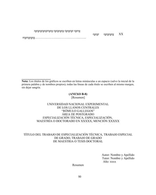 rgrgrgrgrgrrgrg rgrgrgrg rgrgrgr rgrrg
rgrgr rgrgrgrg
rrgrrgrgrg…………………………………………...
XX
___________________
Nota: Los títulos de los gráficos se escriben en letras minúsculas a un espacio (salvo la inicial de la
primera palabra y de nombres propios); todas las líneas de cada título se escriben al mismo margen,
sin dejar sangría.
(ANEXO B-8)
[Resumen]
UNIVERSIDAD NACIONAL EXPERIMENTAL
DE LOS LLANOS CENTRALES
“RÓMULO GALLEGOS”
ÁREA DE POSTGRADO
ESPECIALIZACIÓN TÉCNICA, ESPECIALIZACIÓN,
MAESTRÍA O DOCTORADO EN XXXXX, MENCIÓN XXXXX
TÍTULO DEL TRABAJO DE ESPECIALIZACIÓN TÉCNICA, TRABAJO ESPECIAL
DE GRADO, TRABAJO DE GRADO
DE MAESTRIA O TESIS DOCTORAL
Autor: Nombre y Apellido
Tutor: Nombre y Apellido
Año: xxxx
Resumen
50
 