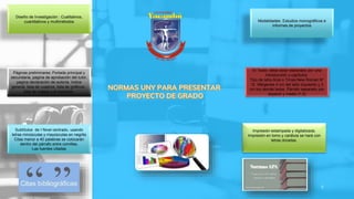 5
Diseño de Investigación : Cualitativos,
cuantitativos y multimétodos
Páginas preliminares: Portada principal y
secundaria, pagina de aprobación del tutor,
pagina declaración de autoría, índice
general, lista de cuadros, lista de gráficos,,
lista de mapas y el resumen.
Subtítulos de I Nivel centrado, usando
letras minúsculas y mayúsculas en negrita
Citas menor a 40 palabras se colocarán
dentro del párrafo entre comillas.
Las fuentes citadas
Modalidades: Estudios monográficos e
informes de proyectos
El Texto: debe estar elaborado por una
introducción y capítulos.
Tipo de letra Arial o Times New Roman N°
12. Márgenes 4 cm del lado Izquierdo y 3
cm los demás lados. Párrafo separado por
espacio y medio (1,5)
Impresión estampada y digitalizada.
Impresión en lomo y carátula se hará con
letras doradas.
 