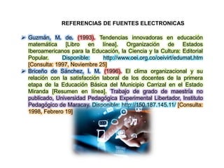 REFERENCIAS DE FUENTES ELECTRONICAS
 Guzmán, M. de. (1993). Tendencias innovadoras en educación
matemática [Libro en línea]. Organización de Estados
Iberoamericanos para la Educación, la Ciencia y la Cultura: Editorial
Popular. Disponible: http://www.oei.org.co/oeivirt/edumat.htm
[Consulta: 1997, Noviembre 25]
 Briceño de Sánchez, I. M. (1996). El clima organizacional y su
relación con la satisfacción laboral de los docentes de la primera
etapa de la Educación Básica del Municipio Carrizal en el Estado
Miranda [Resumen en línea]. Trabajo de grado de maestría no
publicado, Universidad Pedagógica Experimental Libertador, Instituto
Pedagógico de Maracay. Disponible: http://150.187.145.11/ [Consulta:
1998, Febrero 19]
 