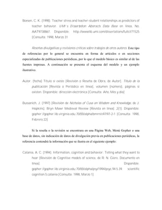 Boesen, C. K. (1998). Teacher stress and teacher-student relationships as predictors of
teacher behavior. U M I’s D issertation Abstracts Data Base en línea, No.
AAT9738867. Disponible: http://wwwlib.umi.com/dissertations/fullcit?1525
[Consulta: 1998, Marzo 31
Reseñas divulgativas y revisiones críticas sobre trabajos de otros autores. Este tipo
de referencias por lo general se encuentra en forma de artículos o en secciones
especializadas de publicaciones periódicas, por lo que el modelo básico es similar al de las
fuentes impresas. A continuación se presenta el esquema del modelo y un ejemplo
ilustrativo.
Autor. (fecha) Título si existe [Revisión o Reseña de Obra, de Autor]. Título de la
publicación [Revista o Periódico en línea], volumen (número), páginas si
existen. Disponible: dirección electrónica [Consulta: Año, Mes y día]
Bussanich, J. (1997) [Revisión de Nicholas of Cusa on Wisdom and Knowledge, de J.
Hopkins]. Bryn Mawr Medieval Review [Revista en línea] ,2(1). Disponible:
gopher://gopher.lib.virginia.edu:70/00/alpha/bmrn/v97/97-2-1 [Consulta: 1998,
Febrero 22]
Si la reseña o la revisión se encontrara en una Página Web, Menú Gopher o una
base de datos, sin indicación de datos de divulgación previa en publicaciones periódicas, la
referencia contendrá la información que se ilustra en el siguiente ejemplo:
Catania, A. C. (1994). Information, cognition and behavior: Telling what they want to
hear [Revisión de Cognitive models of science, de R. N. Giere, Documento en
línea]. Disponible:
gopher://gopher.lib.virginia.edu:70/00/alpha/psy/1994/psyc.94.5.39. scientific
cognition.5.catania [Consulta: 1998, Marzo 1]
 