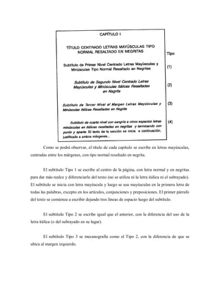 Como se podrá observar, el título de cada capítulo se escribe en letras mayúsculas,
centradas entre los márgenes, con tipo normal resaltado en negrita.
El subtítulo Tipo 1 se escribe al centro de la página, con letra normal y en negritas
para dar más realce y diferenciarlo del texto (no se utiliza ni la letra itálica ni el subrayado).
El subtítulo se inicia con letra mayúscula y luego se usa mayúsculas en la primera letra de
todas las palabras, excepto en los artículos, conjunciones y preposiciones. El primer párrafo
del texto se comienza a escribir dejando tres líneas de espacio luego del subtítulo.
El subtitulo Tipo 2 se escribe igual que el anterior, con la diferencia del uso de la
letra itálica (o del subrayado en su lugar).
El subtítulo Tipo 3 se mecanografía como el Tipo 2, con la diferencia de que se
ubica al margen izquierdo.
 