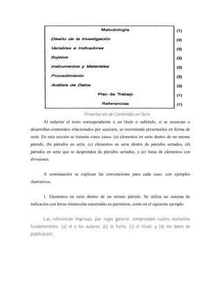 Presentación de Contenidos en Serie
Al redactar el texto correspondiente a un titulo o subtitulo, si se enuncian o
desarrollan contenidos relacionados por sucesión, se recomienda presentarlos en forma de
serie. En esta sección se tratarán cinco casos: (a) elementos en serie dentro de un mismo
párrafo, (b) párrafos en serie, (c) elementos en serie dentro de párrafos seriados, (d)
párrafos en serie que se desprenden de párrafos seriados, y (e) listas de elementos con
divisiones.
A continuación se explican las convenciones para cada caso, con ejemplos
ilustrativos.
1. Elementos en serie dentro de un mismo párrafo. Se utiliza un sistema de
indicación con letras minúsculas encerradas en paréntesis, como en el siguiente ejemplo:
Las referencias impresas, por regla general, comprenden cuatro elementos
fundamentales: (a) el o los autores, (b) la fecha, (c) el titulo, y (d) los datos de
publicación.
 