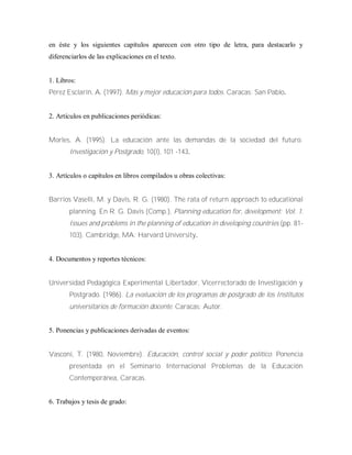 en éste y los siguientes capítulos aparecen con otro tipo de letra, para destacarlo y
diferenciarlos de las explicaciones en el texto.
1. Libros:
Pérez Esclarín, A. (1997). Más y mejor educación para todos. Caracas: San Pablo.
2. Artículos en publicaciones periódicas:
Morles, A. (1995). La educación ante las demandas de la sociedad del futuro.
Investigación y Postgrado, 10(l), 101 -143.
3. Artículos o capítulos en libros compilados u obras colectivas:
Barrios Vaselli, M. y Davis, R. G. (1980). The rata of return approach to educational
planning. En R. G. Davis (Comp.), Planning education for, development: Vol. 1.
Issues and problems in the planning of education in developing countries (pp. 81-
103). Cambridge, MA: Harvard University.
4. Documentos y reportes técnicos:
Universidad Pedagógica Experimental Libertador, Vicerrectorado de Investigación y
Postgrado. (1986). La evaluación de los programas de postgrado de los Institutos
universitarios de formación docente. Caracas: Autor.
5. Ponencias y publicaciones derivadas de eventos:
Vasconi, T. (1980, Noviembre). Educación, control social y poder político. Ponencia
presentada en el Seminario Internacional Problemas de la Educación
Contemporánea, Caracas.
6. Trabajos y tesis de grado:
 