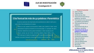 EJE DE INVESTIGACIÓN
Investigación II
Tabla de Contenido
❑ Citas y Pasos
❑ Tipos de citas
❑ Estilos de las citas
❑ Cita textual menos de 40
palabras, narrativa
❑ Cita textual corta menos de
40 palabras parentética
❑ Cita textual más de 40
palabras
❑ Cita textual más de 40
palabras -narrativa
❑ Cita textual más de 40
palabras -parentética
❑ Parafraseo
❑ Parafraseo Narrativo
❑ Parafraseo parentético
❑ Tipos de autores
❑ Cita de una cita
❑ Citas sin Referencias
❑ Formato de citas
❑ Recuerda…
❑ Tomado de…
CitaTextual de más de 40 palabras -Parentética
Manual UPEL
APAsionándome con la Séptima Edición
Normas APA
 