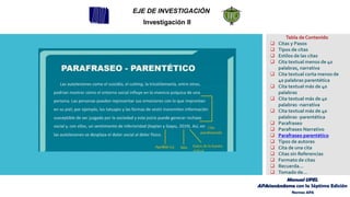EJE DE INVESTIGACIÓN
Investigación II
Tabla de Contenido
❑ Citas y Pasos
❑ Tipos de citas
❑ Estilos de las citas
❑ Cita textual menos de 40
palabras, narrativa
❑ Cita textual corta menos de
40 palabras parentética
❑ Cita textual más de 40
palabras
❑ Cita textual más de 40
palabras -narrativa
❑ Cita textual más de 40
palabras -parentética
❑ Parafraseo
❑ Parafraseo Narrativo
❑ Parafraseo parentético
❑ Tipos de autores
❑ Cita de una cita
❑ Citas sin Referencias
❑ Formato de citas
❑ Recuerda…
❑ Tomado de…
Manual UPEL
APAsionándome con la Séptima Edición
Normas APA
 
