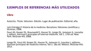 EJEMPLOS DE REFERENCIAS MÁS UTILIZADOS
Libro
Autor/es. Título. Volumen. Edición. Lugar de publicación: Editorial; año.
Laín Entralgo P. Historia de la medicina. Barcelona: Ediciones científicas y
técnicas; 1998.
Fauci AS, Kasper DL, Braunwald E, Hauser SL, Longo DL, Jameson JL, Loscalzo
J, editors. Harrison’s principles of internal medicine. Vol 1. 17th ed. New
York: McGraw Hill; 2008.
Longo DL, Fauci AS, Kasper DL, Hauser SL, Jameson JL, Loscalzo J, editores.
Harrison principios de medicina interna. Vol 2. 18a ed. México: McGraw‐Hill;
2012.
 