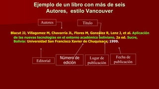 Ejemplo de un libro con más de seis
Autores, estilo Vancouver
Blacut JJ, Villagomez M, Chavarría JL, Flores M, González R, Lenz J, et al. Aplicación
de las nuevas tecnologías en el entorno académico boliviano. 2a ed. Sucre,
Bolivia: Universidad San Francisco Xavier de Chuquisaca; 1999.
Autores Título
Fecha de
publicaciónEditorial
Lugar de
publicación
Número de
edición
 