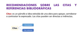 RECOMENDACIONES SOBRE LAS CITAS Y
REFERENCIAS BIBLIOGRÁFICAS
Citas: es un párrafo o idea extraída de una obra para apoyar, corroborar
o contrastar lo expresado. Las citas pueden ser directas o indirectas.
Citas
Cita directa
Cita indirecta
 