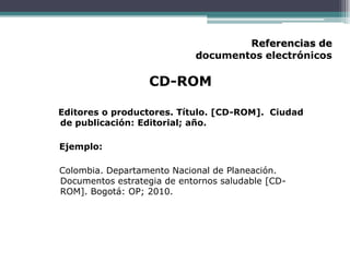 Referencias de
documentos electrónicos

CD-ROM
Editores o productores. Título. [CD-ROM]. Ciudad
de publicación: Editorial; año.
Ejemplo:

Colombia. Departamento Nacional de Planeación.
Documentos estrategia de entornos saludable [CDROM]. Bogotá: OP; 2010.

 