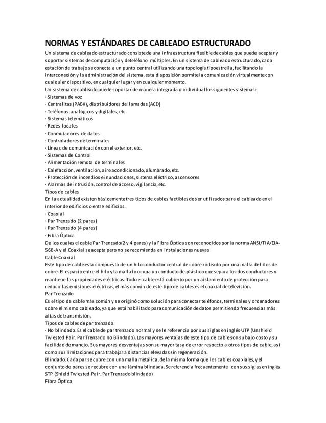 Normas y estándares de cableado estructurado | DOCX | Computer ...