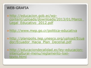 WEB-GRAFIA
http://educacion.gob.ec/wp-
content/uploads/downloads/2013/01/Marco_
Legal_Educativo_2012.pdf
http://www.mep.go.cr/politica-educativa
http://planipolis.iiep.unesco.org/upload/Ecua
dor/Ecuador_Hacia_Plan_Decenal.pdf
http://educaciondecalidad.ec/ley-educacion-
intercultural-menu/reglamento-loei-
texto.html
 