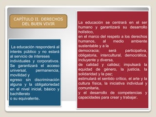 CAPÍTULO II. DERECHOS
DEL BUEN VIVIR
La educación responderá al
interés público y no estará
al servicio de intereses
individuales y corporativos.
Se garantizará el acceso
universal, permanencia,
movilidad y
egreso sin discriminación
alguna y la obligatoriedad
en el nivel inicial, básico y
bachillerato
o su equivalente.
La educación se centrará en el ser
humano y garantizará su desarrollo
holístico,
en el marco del respeto a los derechos
humanos, al medio ambiente
sustentable y a la
democracia; será participativa,
obligatoria, intercultural, democrática,
incluyente y diversa,
de calidad y calidez; impulsará la
equidad de género, la justicia, la
solidaridad y la paz;
estimulará el sentido crítico, el arte y la
cultura física, la iniciativa individual y
comunitaria,
y el desarrollo de competencias y
capacidades para crear y trabajar.
 