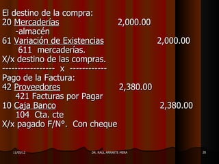 El destino de la compra:
20 Mercaderías                   2,000.00
    -almacén
61 Variación de Existencias               2,000.00
     611 mercaderías.
X/x destino de las compras.
----------------- x ------------
Pago de la Factura:
42 Proveedores                   2,380.00
    421 Facturas por Pagar
10 Caja Banco                              2,380.00
    104 Cta. cte
X/x pagado F/N°. Con cheque


  11/05/12             DR. RAÚL ARRARTE MERA          20
 
