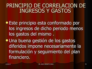 PRINCIPIO DE CORRELACION DE
     INGRESOS Y GASTOS

 Este  principio esta conformado por
  los ingresos de dicho periodo menos
  los gastos del mismo .
 Una buena gestión de los gastos
  diferidos impone necesariamente la
  formulación y seguimiento del plan
  financiero.
11/05/12       DR. RAÚL ARRARTE MERA    45
 