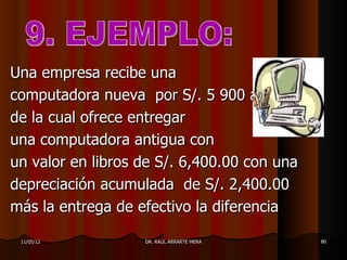 Una empresa recibe una
computadora nueva por S/. 5 900 a cambio
de la cual ofrece entregar
una computadora antigua con
un valor en libros de S/. 6,400.00 con una
depreciación acumulada de S/. 2,400.00
más la entrega de efectivo la diferencia

 11/05/12         DR. RAÚL ARRARTE MERA      80
 