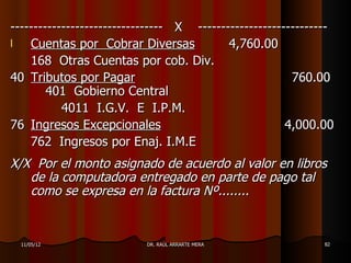--------------------------------- X ----------------------------
l   Cuentas por Cobrar Diversas            4,760.00
    168 Otras Cuentas por cob. Div.
40 Tributos por Pagar                                   760.00
        401 Gobierno Central
           4011 I.G.V. E I.P.M.
76 Ingresos Excepcionales                              4,000.00
    762 Ingresos por Enaj. I.M.E
X/X Por el monto asignado de acuerdo al valor en libros
   de la computadora entregado en parte de pago tal
   como se expresa en la factura Nº........


  11/05/12                 DR. RAÚL ARRARTE MERA              82
 