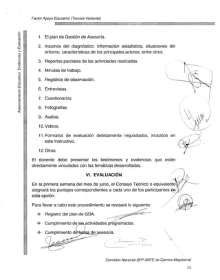 Factor Apoyo Educativo (Tercera Vertiente)




    1. El plan de Gest& de Asesoria.

    2. Insumos del diagnostico: informaciOn estadistica, situaciones del
       entorno, caracteristicas de los principales actores, entre otros.

    3. Reportes parciales de las actividades realizadas.

    4. Minutas de trabajo.

    5. Registros de observacion.

    6. Entrevistas.

    7. Cuestionarios.

    8. Fotograffas.

    9. Audios.

    10. Videos.

       11. Fornnatos de evaluacion debidamente requisitados, incluidos en
           este lnstructivo.

    12. Otras.

El docente debe presentar los testimonios y evidencias que esten
directamente vinculadas con las tematicas desarrolladas.

                                 VI. EVALUACIoN
En la primera semana del mes de junio, el Consejo Tecnico o equivalente
asignara los puntajes correspondientes a cada uno de los participantes
esta opcion.

Para Ilevar a cabo este procedimiento se revisara lo siguiente:

   •      Registro del plan de GDA.

   •     Cumplimiento de	       actividades programadas.

   •      Cumplimiento de	          de asesoria.




                                             Comision Nacional SEP-SNTE de Carrera Magisterial

                                                                                           15
 