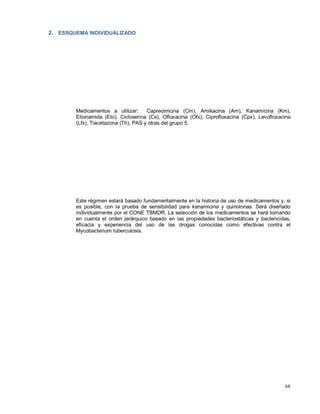 2. ESSQUEMA INDIVIDUALIZADO
Medicamentos a utilizar: Capreomicina (Cm), Amikacina (Am), Kanamicina (Km),
Etionamida (Eto), Cicloserina (Cs), Ofloxacina (Ofx), Ciprofloxacina (Cpx), Levofloxacina
(Lfx), Tiacetazona (Th), PAS y otras del grupo 5.
Este régimen estará basado fundamentalmente en la historia de uso de medicamentos y, si
es posible, con la prueba de sensibilidad para kanamicina y quinolonas. Será diseñado
individualmente por el CONE TBMDR. La selección de los medicamentos se hará tomando
en cuenta el orden jerárquico basado en las propiedades bacteriostáticas y bactericidas,
eficacia y experiencia del uso de las drogas conocidas como efectivas contra el
Mycobacterium tuberculosis.
68
 