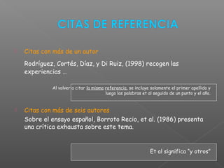  Citas con más de un autor
Rodríguez, Cortés, Díaz, y Di Ruiz, (1998) recogen las
experiencias …
Al volver a citar la misma referencia, se incluye solamente el primer apellido y
luego las palabras et al seguido de un punto y el año.
 Citas con más de seis autores
Sobre el ensayo español, Borroto Recio, et al. (1986) presenta
una crítica exhausta sobre este tema.
Et al significa “y otros”
 