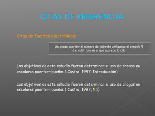  Citas de fuentes electrónicas
Los objetivos de este estudio fueron determinar el uso de drogas en
escolares puertorriqueños ( Castro, 1997, Introducción)
Los objetivos de este estudio fueron determinar el uso de drogas en
escolares puertorriqueños ( Castro, 1997, ¶ 1)
Se puede escribir el número del párrafo utilizando el símbolo ¶
ó el subtítulo en el que aparece la cita
 