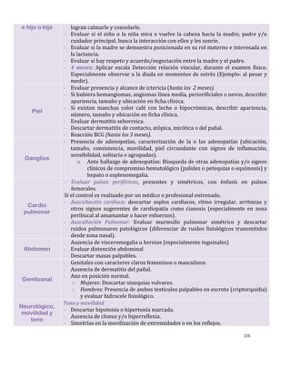 106
e hijo o hija logran calmarle y consolarle.
- Evaluar si el niño o la niña mira o vuelve la cabeza hacia la madre, padre y/o
cuidador principal, busca la interacción con ellos y les sonríe.
- Evaluar si la madre se demuestra posicionada en su rol materno e interesada en
la lactancia.
- Evaluar si hay respeto y acuerdo/negociación entre la madre y el padre.
- 4 meses: Aplicar escala Detección relación vincular, durante el examen físico.
Especialmente observar a la diada en momentos de estrés (Ejemplo: al pesar y
medir).
Piel
- Evaluar presencia y alcance de ictericia (hasta los 2 meses).
- Si hubiera hemangiomas, angiomas línea media, periorificiales o nevos, describir
apariencia, tamaño y ubicación en ficha clínica.
- Si existen manchas color café con leche o hipocrómicas, describir apariencia,
número, tamaño y ubicación en ficha clínica.
- Evaluar dermatitis seborreica.
- Descartar dermatitis de contacto, atópica, micótica o del pañal.
- Reacción BCG (hasta los 3 meses).
Ganglios
- Presencia de adenopatías, caracterización de la o las adenopatías (ubicación,
tamaño, consistencia, movilidad, piel circundante con signos de inflamación,
sensibilidad, solitaria o agrupadas).
o Ante hallazgo de adenopatías: Búsqueda de otras adenopatías y/o signos
clínicos de compromiso hematológico (palidez o petequias o equímosis) y
hepato o esplenomegalia.
Cardio
pulmonar
- Evaluar pulsos periféricos, presentes y simétricos, con énfasis en pulsos
femorales.
Si el control es realizado por un médico o profesional entrenado.
- Auscultación cardíaca: descartar soplos cardíacos, ritmo irregular, arritmias y
otros signos sugerentes de cardiopatía como cianosis (especialmente en zona
peribucal al amamantar o hacer esfuerzos).
- Auscultación Pulmonar: Evaluar murmullo pulmonar simétrico y descartar
ruidos pulmonares patológicos (diferenciar de ruidos fisiológicos transmitidos
desde zona nasal).
Abdomen
- Ausencia de visceromegalia u hernias (especialmente inguinales)
- Evaluar distención abdominal
- Descartar masas palpables.
Genitoanal
- Genitales con caracteres claros femeninos o masculinos.
- Ausencia de dermatitis del pañal.
- Ano en posición normal.
o Mujeres: Descartar sinequias vulvares.
o Hombres: Presencia de ambos testículos palpables en escroto (criptorquidia)
y evaluar hidrocele fisiológico.
Neurológico,
movilidad y
tono
Tono y movilidad
- Descartar hipotonía o hipertonía marcada.
- Ausencia de clonus y/o hiperreflexia.
- Simetrías en la movilización de extremidades o en los reflejos.
 