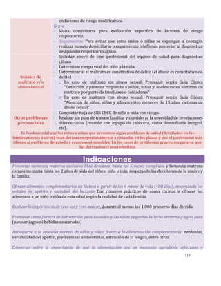 119
en factores de riesgo modificables.
- Grave
- Visita domiciliaria para evaluación específica de factores de riesgo
respiratorios.
- Seguimiento: Para evitar que estos niños o niñas se expongan a contagio,
realizar manejo domiciliario o seguimiento telefónico posterior al diagnóstico
de episodio respiratorio agudo.
Señales de
maltrato y/o
abuso sexual
- Solicitar apoyo de otro profesional del equipo de salud para diagnóstico
clínico
- Determinar riesgo vital del niño o la niña
- Determinar si el maltrato es constitutivo de delito (el abuso es constitutivo de
delito)
o En caso de maltrato sin abuso sexual: Proseguir según Guía Clínica
“Detección y primera respuesta a niños, niñas y adolescentes víctimas de
maltrato por parte de familiares o cuidadores”
o En caso de maltrato con abuso sexual: Proseguir según Guía Clínica
“Atención de niños, niñas y adolescentes menores de 15 años víctimas de
abuso sexual”
Otros problemas
psicosociales
- Completar hoja de SIIS ChCC de niño o niña con riesgo.
- Realizar un plan de trabajo familiar y considerar la necesidad de prestaciones
diferenciadas (reunión con equipo de cabecera, visita domiciliaria integral,
etc).
Es fundamental que los niños y niñas que presenten algún problema de salud (detallados en las
banderas rojas u otros) sean derivados oportunamente a consulta, en los plazos y por el profesional más
idóneo al problema detectado y recursos disponibles. En los casos de problemas graves, asegurarse que
las derivaciones sean efectivas
Indicaciones
Fomentar lactancia materna exclusiva libre demanda hasta los 6 meses cumplidos y lactancia materna
complementaria hasta los 2 años de vida del niño o niña o más, respetando las decisiones de la madre y
la familia.
Ofrecer alimentos complementarios no lácteos a partir de los 6 meses de vida (180 días), respetando las
señales de apetito y saciedad del lactante Dar consejos prácticos de como cocinar u ofrecer los
alimentos a un niño o niña de esta edad según la realidad de cada familia.
Explicar la importancia de cero sal y cero azúcar, durante al menos los 1.000 primeros días de vida.
Promover como fuentes de hidratación para los niños y las niñas pequeños la leche materna y agua pura
(no usar jugos ni bebidas azucaradas)
Anticiparse a la reacción normal de niños y niñas frente a la alimentación complementaria, neofobias,
variabilidad del apetito, preferencias alimentarias, extrusión de la lengua, entre otras.
Conversar sobre la importancia de que la alimentación sea un momento agradable, afectuoso y
 