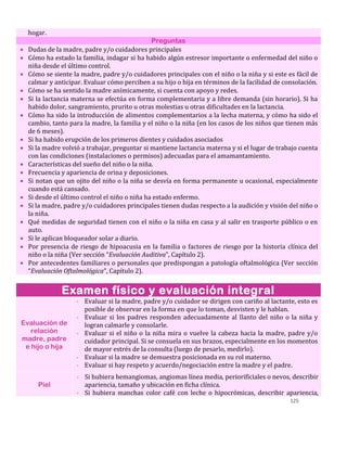 125
hogar.
Preguntas
 Dudas de la madre, padre y/o cuidadores principales
 Cómo ha estado la familia, indagar si ha habido algún estresor importante o enfermedad del niño o
niña desde el último control.
 Cómo se siente la madre, padre y/o cuidadores principales con el niño o la niña y si este es fácil de
calmar y anticipar. Evaluar cómo perciben a su hijo o hija en términos de la facilidad de consolación.
 Cómo se ha sentido la madre anímicamente, si cuenta con apoyo y redes.
 Si la lactancia materna se efectúa en forma complementaria y a libre demanda (sin horario). Si ha
habido dolor, sangramiento, prurito u otras molestias u otras dificultades en la lactancia.
 Cómo ha sido la introducción de alimentos complementarios a la lecha materna, y cómo ha sido el
cambio, tanto para la madre, la familia y el niño o la niña (en los casos de los niños que tienen más
de 6 meses).
 Si ha habido erupción de los primeros dientes y cuidados asociados
 Si la madre volvió a trabajar, preguntar si mantiene lactancia materna y si el lugar de trabajo cuenta
con las condiciones (instalaciones o permisos) adecuadas para el amamantamiento.
 Características del sueño del niño o la niña.
 Frecuencia y apariencia de orina y deposiciones.
 Si notan que un ojito del niño o la niña se desvía en forma permanente u ocasional, especialmente
cuando está cansado.
 Si desde el último control el niño o niña ha estado enfermo.
 Si la madre, padre y/o cuidadores principales tienen dudas respecto a la audición y visión del niño o
la niña.
 Qué medidas de seguridad tienen con el niño o la niña en casa y al salir en trasporte público o en
auto.
 Si le aplican bloqueador solar a diario.
 Por presencia de riesgo de hipoacusia en la familia o factores de riesgo por la historia clínica del
niño o la niña (Ver sección “Evaluación Auditiva”, Capítulo 2).
 Por antecedentes familiares o personales que predispongan a patología oftalmológica (Ver sección
“Evaluación Oftalmológica”, Capítulo 2).
Examen físico y evaluación integral
Evaluación de
relación
madre, padre
e hijo o hija
- Evaluar si la madre, padre y/o cuidador se dirigen con cariño al lactante, esto es
posible de observar en la forma en que lo toman, desvisten y le hablan.
- Evaluar si los padres responden adecuadamente al llanto del niño o la niña y
logran calmarle y consolarle.
- Evaluar si el niño o la niña mira o vuelve la cabeza hacia la madre, padre y/o
cuidador principal. Si se consuela en sus brazos, especialmente en los momentos
de mayor estrés de la consulta (luego de pesarlo, medirlo).
- Evaluar si la madre se demuestra posicionada en su rol materno.
- Evaluar si hay respeto y acuerdo/negociación entre la madre y el padre.
Piel
- Si hubiera hemangiomas, angiomas línea media, periorificiales o nevos, describir
apariencia, tamaño y ubicación en ficha clínica.
- Si hubiera manchas color café con leche o hipocrómicas, describir apariencia,
 