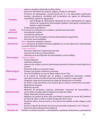 126
número, tamaño y ubicación en ficha clínica.
- Descartar dermatitis de contacto, atópica, micótica o del pañal.
Ganglios
- Presencia de adenopatías, caracterización de la o las adenopatías (ubicación,
tamaño, consistencia, movilidad, piel circundante con signos de inflamación,
sensibilidad, solitaria o agrupadas).
o Ante hallazgo de adenopatías: Búsqueda de otras adenopatías y/o signos
clínicos de compromiso hematológico (palidez o petequias o equímosis) y
hepato o esplenomegalia.
Cardio
pulmonar
- Evaluar pulsos periféricos
Si el control es realizado por un médico o profesional entrenado:
- Auscultación cardíaca
- Auscultación pulmonar
Abdomen
- Ausencia de visceromegalia o hernias (especialmente inguinales)
- Descartar masas palpables
Genitoanal
Niñas: descartar sinequias vulvares.
Niños: presencia de ambos testículos palpables en escroto (descartar criptorquidia)
y evaluar hidrocele fisiológico.
Neurológico
Tono y movilidad
- Descartar hipotonía o hipertonía marcada.
- Ausencia de clonus y/o hiperreflexia.
- Simetrías en la movilización de extremidades y en los reflejos.
Evaluar reflejos
- Cócleo palpebral.
- Aquiliano simétricos.
- Ausencia de reflejos arcaicos (moro puede persistir en forma normal hasta los 6
meses)
Oftalmológico
- Descartar epífora o secreción ocular
- Evaluar rojo pupilar simétrico y presente.
- Test de Hirschberg, en caso de duda realizer Cover Test.
Auditivo
- Si el control es realizado por un médico o profesional entrenado, realizar
otoscopia en busca de alteraciones del conducto auditivo u oído medio
- Preguntar respecto de presencia de riesgo de hipoacusia en la familia.
- Si el niño o niña está atento a los sonidos, gira la cabeza y orienta bien al sonido.
Antropometría
- Medición de longitud.
- Medición de peso.
- Medición de perímetro craneano, determinar existencia de macrocefalia o
microcefalia considerando la longitud (corregir por talla).
- Palpar fontanela anterior presente.
- Registrar los puntos de peso, talla y perímetro craneano en curvas del Cuaderno
de salud de niños y niñas y evaluar progresión de la curva
Bucodental
- Examinar labios, mucosa bucal y cara interna de mejillas, encías, lengua y piso
de boca.
- Evaluar erupción de dientes incisivos (en promedio erupcionan a los 7 meses)
- Descartar placas blanquecinas (algorra)
Señales de Verificar si existen fracturas o antecedentes, equimosis, hematomas y quemaduras
 