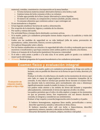 139
materna), comidas, consistencia e incorporación en la mesa familiar.
o Si toma lactancia materna (mejor alternativa láctea) u otra leche y cuál.
o Cuántas tomas de leche consume al día y su volumen
o Si bebe agua potable de la llave (mejor alternativa) u otros líquidos.
o El número de comidas, su composición y textura (molido, picado, entero).
o Si consume alimentos que contienen azúcar o que contengan sal.
 Si usa mamaderas o chupetes.
 Si han logrado establecer horarios de sueño y alimentación.
 Por erupción de la dentición, higiene y cuidados de los dientes.
 Por sueño y rutinas del sueño.
 Por actividad física y tiempo diario destinado a acciones activas.
 Si la madre, padre y/o cuidadores principales tienen dudas respecto a la audición y visión del
niño o la niña.
 Cuáles son las medidas de seguridad en su vida habitual (silla de autos, prevención de
quemaduras, caídas, inmersión, tóxicos y acceso a piscinas).
 Si le aplican bloqueador solar a diario.
 Por los límites establecidos en relación a la seguridad del niño o la niña y evaluando que no sean
excesivos o insuficientes y que haya consenso entre ambos padres en relación a los límites.
 Cómo es el manejo de la frustración (pataletas), frecuencia e intensidad
 Si el niño o niña asiste a jardín o a la sala cuna. Si no asiste, quién se queda a su cuidado la
mayor parte del tiempo.
 18 meses: Realizar preguntas de la pauta bucodentaria a los cuidadores principales.
Examen físico y evaluación integral
Evaluación de
relación madre,
padre e hijo o hija
- Evaluar si la madre, padre y/o cuidadores principales se dirige con cariño al
lactante, esto es posible de observar en la forma en que lo toma, desviste y le
habla.
- Evaluar si el niño o la niña busca a la madre en los momentos de stress y por
otro lado es capaz de jugar/explorar en los momentos tranquilos de la
consulta. A esta edad es normal que puedan llorar durante el examen físico
(no durante toda la entrevista), pero normalmente esto cesa o disminuye
significativamente cuando la madre lo toma y lo consuela.
- Los padres están atentos a las señales de stress del lactante y responden
adecuadamente, conteniendo el stress (no ignoran al niño o la niña).
- Los padres permiten que el niño o la niña explore y juegue en los momentos
en que no presenta stress. Son respetuosos con sus deseos durante la
consulta, lo integran y consideran sus sentimientos.
- Evaluar si hay respeto y acuerdo/negociación entre la madre y el padre.
Piel
- Si hubiera hemangiomas, angiomas línea media, periorificiales o nevos,
describir apariencia, tamaño y ubicación en ficha clínica.
- Si hubiera manchas color café con leche o hipocrómicas, describir
apariencia, número, tamaño y ubicación en ficha clínica.
- Descartar dermatitis de contacto, atópica, micótica o del pañal.
 