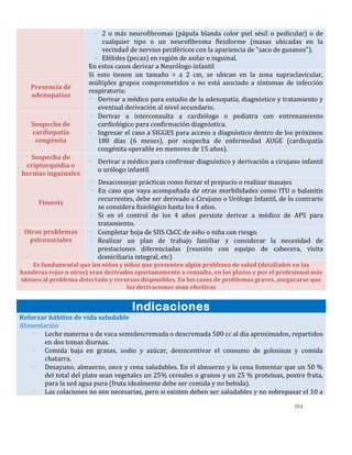 161
- 2 o más neurofibromas (pápula blanda color piel sésil o pedicular) o de
cualquier tipo o un neurofibroma flexiforme (masas ubicadas en la
vecindad de nervios periféricos con la apariencia de "saco de gusanos").
- Efélides (pecas) en región de axilar o inguinal.
En estos casos derivar a Neurólogo infantil
Presencia de
adenopatías
Si esto tienen un tamaño > a 2 cm, se ubican en la zona supraclavicular,
múltiples grupos comprometidos o no está asociado a síntomas de infección
respiratoria:
- Derivar a médico para estudio de la adenopatía, diagnóstico y tratamiento y
eventual derivación al nivel secundario.
Sospecha de
cardiopatía
congénita
- Derivar a interconsulta a cardiólogo o pediatra con entrenamiento
cardiológico para confirmación diagnóstica.
- Ingresar el caso a SIGGES para acceso a diagnóstico dentro de los próximos
180 días (6 meses), por sospecha de enfermedad AUGE (cardiopatía
congénita operable en menores de 15 años).
Sospecha de
criptorquidia o
hernias inguinales
- Derivar a médico para confirmar diagnóstico y derivación a cirujano infantil
o urólogo infantil.
Fimosis
- Desaconsejar prácticas como forzar el prepucio o realizar masajes
- En caso que vaya acompañada de otras morbilidades como ITU o balanitis
recurrentes, debe ser derivado a Cirujano o Urólogo Infantil, de lo contrario
se considera fisiológico hasta los 4 años.
- Si en el control de los 4 años persiste derivar a médico de APS para
tratamiento.
Otros problemas
psicosociales
- Completar hoja de SIIS ChCC de niño o niña con riesgo.
- Realizar un plan de trabajo familiar y considerar la necesidad de
prestaciones diferenciadas (reunión con equipo de cabecera, visita
domiciliaria integral, etc)
Es fundamental que los niños y niñas que presenten algún problema de salud (detallados en las
banderas rojas u otros) sean derivados oportunamente a consulta, en los plazos y por el profesional más
idóneo al problema detectado y recursos disponibles. En los casos de problemas graves, asegurarse que
las derivaciones sean efectivas
Indicaciones
Reforzar hábitos de vida saludable
Alimentación
- Leche materna o de vaca semidescremada o descremada 500 cc al día aproximados, repartidos
en dos tomas diurnas.
- Comida baja en grasas, sodio y azúcar, desincentivar el consumo de golosinas y comida
chatarra.
- Desayuno, almuerzo, once y cena saludables. En el almuerzo y la cena fomentar que un 50 %
del total del plato sean vegetales un 25% cereales o granos y un 25 % proteínas, postre fruta,
para la sed agua pura (fruta idealmente debe ser comida y no bebida).
- Las colaciones no son necesarias, pero si existen deben ser saludables y no sobrepasar el 10 a
 