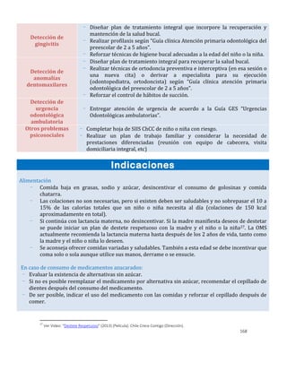168
Detección de
gingivitis
- Diseñar plan de tratamiento integral que incorpore la recuperación y
mantención de la salud bucal.
- Realizar profilaxis según “Guía clínica Atención primaria odontológica del
preescolar de 2 a 5 años”.
- Reforzar técnicas de higiene bucal adecuadas a la edad del niño o la niña.
Detección de
anomalías
dentomaxilares
- Diseñar plan de tratamiento integral para recuperar la salud bucal.
- Realizar técnicas de ortodoncia preventiva e interceptiva (en esa sesión o
una nueva cita) o derivar a especialista para su ejecución
(odontopediatra, ortodoncista) según “Guía clínica atención primaria
odontológica del preescolar de 2 a 5 años”.
- Reforzar el control de hábitos de succión.
Detección de
urgencia
odontológica
ambulatoria
- Entregar atención de urgencia de acuerdo a la Guía GES “Urgencias
Odontológicas ambulatorias”.
Otros problemas
psicosociales
- Completar hoja de SIIS ChCC de niño o niña con riesgo.
- Realizar un plan de trabajo familiar y considerar la necesidad de
prestaciones diferenciadas (reunión con equipo de cabecera, visita
domiciliaria integral, etc)
Indicaciones
Alimentación
- Comida baja en grasas, sodio y azúcar, desincentivar el consumo de golosinas y comida
chatarra.
- Las colaciones no son necesarias, pero si existen deben ser saludables y no sobrepasar el 10 a
15% de las calorías totales que un niño o niña necesita al día (colaciones de 150 kcal
aproximadamente en total).
- Si continúa con lactancia materna, no desincentivar. Si la madre manifiesta deseos de destetar
se puede iniciar un plan de destete respetuoso con la madre y el niño o la niña27. La OMS
actualmente recomienda la lactancia materna hasta después de los 2 años de vida, tanto como
la madre y el niño o niña lo deseen.
- Se aconseja ofrecer comidas variadas y saludables. También a esta edad se debe incentivar que
coma solo o sola aunque utilice sus manos, derrame o se ensucie.
En caso de consumo de medicamentos azucarados:
- Evaluar la existencia de alternativas sin azúcar.
- Si no es posible reemplazar el medicamento por alternativa sin azúcar, recomendar el cepillado de
dientes después del consumo del medicamento.
- De ser posible, indicar el uso del medicamento con las comidas y reforzar el cepillado después de
comer.
27
Ver Video: “Destete Respetuoso” (2013) [Película]. Chile Crece Contigo (Dirección).
 