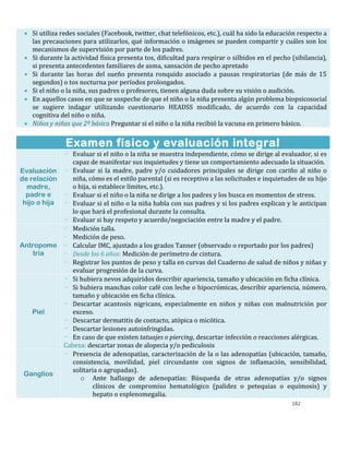 182
 Si utiliza redes sociales (Facebook, twitter, chat telefónicos, etc.), cuál ha sido la educación respecto a
las precauciones para utilizarlos, qué información o imágenes se pueden compartir y cuáles son los
mecanismos de supervisión por parte de los padres.
 Si durante la actividad física presenta tos, dificultad para respirar o silbidos en el pecho (sibilancia),
si presenta antecedentes familiares de asma, sansación de pecho apretado
 Si durante las horas del sueño presenta ronquido asociado a pausas respiratorias (de más de 15
segundos) o tos nocturna por períodos prolongados.
 Si el niño o la niña, sus padres o profesores, tienen alguna duda sobre su visión o audición.
 En aquellos casos en que se sospeche de que el niño o la niña presenta algún problema biopsicosocial
se sugiere indagar utilizando cuestionario HEADSS modificado, de acuerdo con la capacidad
cognitiva del niño o niña.
 Niños y niñas que 2º básico Preguntar si el niño o la niña recibió la vacuna en primero básico.
Examen físico y evaluación integral
Evaluación
de relación
madre,
padre e
hijo o hija
- Evaluar si el niño o la niña se muestra independiente, cómo se dirige al evaluador, si es
capaz de manifestar sus inquietudes y tiene un comportamiento adecuado la situación.
- Evaluar si la madre, padre y/o cuidadores principales se dirige con cariño al niño o
niña, cómo es el estilo parental (si es receptivo a las solicitudes e inquietudes de su hijo
o hija, si establece límites, etc.).
- Evaluar si el niño o la niña se dirige a los padres y los busca en momentos de stress.
- Evaluar si el niño o la niña habla con sus padres y si los padres explican y le anticipan
lo que hará el profesional durante la consulta.
- Evaluar si hay respeto y acuerdo/negociación entre la madre y el padre.
Antropome
tría
- Medición talla.
- Medición de peso.
- Calcular IMC, ajustado a los grados Tanner (observado o reportado por los padres)
- Desde los 6 años: Medición de perímetro de cintura.
- Registrar los puntos de peso y talla en curvas del Cuaderno de salud de niños y niñas y
evaluar progresión de la curva.
Piel
- Si hubiera nevos adquiridos describir apariencia, tamaño y ubicación en ficha clínica.
- Si hubiera manchas color café con leche o hipocrómicas, describir apariencia, número,
tamaño y ubicación en ficha clínica.
- Descartar acantosis nigricans, especialmente en niños y niñas con malnutrición por
exceso.
- Descartar dermatitis de contacto, atópica o micótica.
- Descartar lesiones autoinfringidas.
- En caso de que existen tatuajes o piercing, descartar infección o reacciones alérgicas.
Cabeza: descartar zonas de alopecia y/o pediculosis
Ganglios
- Presencia de adenopatías, caracterización de la o las adenopatías (ubicación, tamaño,
consistencia, movilidad, piel circundante con signos de inflamación, sensibilidad,
solitaria o agrupadas).
o Ante hallazgo de adenopatías: Búsqueda de otras adenopatías y/o signos
clínicos de compromiso hematológico (palidez o petequias o equímosis) y
hepato o esplenomegalia.
 