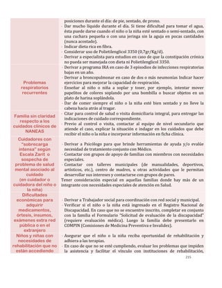 215
posiciones durante el día: de pie, sentado, de prono.
- Dar mucho líquido durante el día. Si tiene dificultad para tomar el agua,
ésta puede darse cuando el niño o la niña esté sentado o semi-sentado, con
una cuchara pequeña o con una jeringa sin la aguja en pocas cantidades
(nunca acostado).
- Indicar dieta rica en fibra.
- Considerar uso de Polietilenglicol 3350 (0,7gr/Kg/d).
- Derivar a especialista para estudios en caso de que la constipación crónica
no pueda ser manejada con dieta ni Polietilenglicol 3350.
Problemas
respiratorios
recurrentes
- Derivar a programa IRA en caso de 3 episodios de infecciones respiratorias
bajas en un año.
- Derivar a broncopulmonar en caso de dos o más neumonías Indicar hacer
ejercicios para mejorar la capacidad de respiración.
- Enseñar al niño o niña a soplar y toser, por ejemplo, intentar mover
papelitos de colores soplando por una bombilla o buscar objetos en un
plato de harina soplándola.
- Dar de comer siempre el niño o la niña esté bien sentado y no lleve la
cabeza hacia atrás al tragar.
Familia sin claridad
respecto a los
cuidados clínicos de
NANEAS
- Citar para control de salud o visita domiciliaria integral, para entregar las
indicaciones de cuidado correspondiente.
- Previo al control o visita, contactar al equipo de nivel secundario que
atiende el caso, explicar la situación e indagar en los cuidados que debe
recibir el niño o la niña e incorporar información en ficha clínica.
Cuidadores con
“sobrecarga
intensa” según
Escala Zarit o
sospecha de
problema de salud
mental asociado al
cuidado
(en cuidador o
cuidadora del niño o
la niña)
- Derivar a Psicólogo para que brinde herramientas de ayuda y/o evalúe
necesidad de tratamiento conjunto con Médico.
- Contactar con grupos de apoyo de familias con miembros con necesidades
especiales.
- Contactar con talleres municipales (de manualidades, deportivos,
artísticos, etc.), centro de madres, u otras actividades que le permitan
desarrollar sus intereses y contactarse con grupos de pares.
Tener consideración especial en aquellas familias donde hay más de un
integrante con necesidades especiales de atención en Salud.
Dificultades
económicas para
adquirir
medicamentos,
órtesis, insumos,
exámenes extra red
pública o en el
extranjero
- Derivar a Trabajador social para coordinación con red social y municipal.
- Verificar si el niño o la niña está ingresado en el Registro Nacional de
Discapacidad. En caso que no se encuentre inscrito, completar en conjunto
con la familia el Formulario “Solicitud de evaluación de la discapacidad”
(requiere evaluación médica). Luego la familia debe presentarlo en
COMPIN (Comisiones de Medicina Preventiva e Invalidez).
Niños y niñas con
necesidades de
rehabilitación que no
están accediendo
- Asegurar que el niño o la niña reciba oportunidad de rehabilitación y
adhiera a las terapias.
- En caso de que no se esté cumpliendo, evaluar los problemas que impiden
la asistencia y facilitar el vínculo con instituciones de rehabilitación,
 