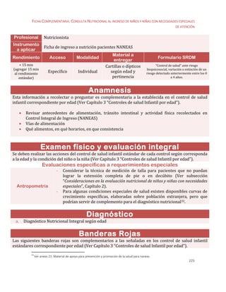 225
FICHA COMPLEMENTARIA: CONSULTA NUTRICIONAL AL INGRESO DE NIÑOS Y NIÑAS CON NECESIDADES ESPECIALES
DE ATENCIÓN
Profesional Nutricionista
Instrumento
a aplicar
Ficha de ingreso a nutrición pacientes NANEAS
Rendimiento Acceso Modalidad
Material a
entregar
Formulario SRDM
+ 15 min
(agregar 15 min
al rendimiento
estándar)
Específico Individual
Cartillas o dípticos
según edad y
pertinencia
“Control de salud” ante riesgo
biopsicosocial, variación o extinción de un
riesgo detectado anteriormente entre los 0
a 4 años.
Anamnesis
Esta información a recolectar o preguntar es complementaria a la establecida en el control de salud
infantil correspondiente por edad (Ver Capítulo 3 “Controles de salud Infantil por edad”).
 Revisar antecedentes de alimentación, tránsito intestinal y actividad física recolectados en
Control Integral de Ingreso (NANEAS)
 Vías de alimentación
 Qué alimentos, en qué horarios, en que consistencia
Examen físico y evaluación integral
Se deben realizar las acciones del control de salud infantil estándar de cada control según corresponda
a la edad y la condición del niño o la niña (Ver Capítulo 3 “Controles de salud Infantil por edad”).
Evaluaciones específicas a requerimientos especiales
Antropometría
- Considerar la técnica de medición de talla para pacientes que no puedan
lograr la extensión completa de pie o en decúbito (Ver subsección
“Consideraciones en la evaluación nutricional de niños y niñas con necesidades
especiales”, Capítulo 2).
- Para algunas condiciones especiales de salud existen disponibles curvas de
crecimiento específicas, elaboradas sobre población extranjera, pero que
podrían servir de complemento para el diagnóstico nutricional33.
Diagnóstico
a. Diagnóstico Nutricional Integral según edad
Banderas Rojas
Las siguientes banderas rojas son complementarios a las señaladas en los control de salud infantil
estándares correspondiente por edad (Ver Capítulo 3 “Controles de salud Infantil por edad”).
33
Ver anexo 23: Material de apoyo para prevención y promoción de la salud para naneas
 