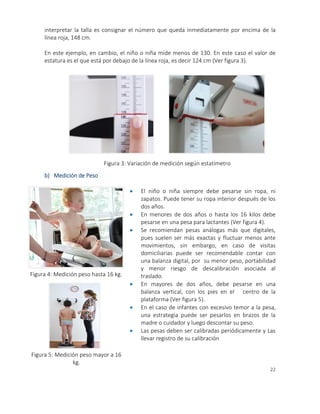 22
interpretar la talla es consignar el número que queda inmediatamente por encima de la
línea roja, 148 cm.
En este ejemplo, en cambio, el niño o niña mide menos de 130. En este caso el valor de
estatura es el que está por debajo de la línea roja, es decir 124 cm (Ver figura 3).
b) Medición de Peso
 El niño o niña siempre debe pesarse sin ropa, ni
zapatos. Puede tener su ropa interior después de los
dos años.
 En menores de dos años o hasta los 16 kilos debe
pesarse en una pesa para lactantes (Ver figura 4).
 Se recomiendan pesas análogas más que digitales,
pues suelen ser más exactas y fluctuar menos ante
movimientos, sin embargo, en caso de visitas
domiciliarias puede ser recomendable contar con
una balanza digital, por su menor peso, portabilidad
y menor riesgo de descalibración asociada al
traslado.
 En mayores de dos años, debe pesarse en una
balanza vertical, con los pies en el centro de la
plataforma (Ver figura 5).
 En el caso de infantes con excesivo temor a la pesa,
una estrategia puede ser pesarlos en brazos de la
madre o cuidador y luego descontar su peso.
 Las pesas deben ser calibradas periódicamente y Las
llevar registro de su calibración
Figura 3: Variación de medición según estatímetro
Figura 5: Medición peso mayor a 16
kg.
Figura 4: Medición peso hasta 16 kg.
 