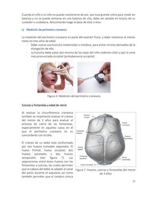 23
Cuando el niño o la niña no pueda mantenerse de pie, sea muy grande como para medir en
balanza y no se pueda sentarse en una balanza de silla, debe ser pesado en brazos de su
cuidador o cuidadora, descontando luego el peso de éste o ésta.
c) Medición de perímetro craneano
La medición del perímetro craneano es parte del examen físico, y debe realizarse al menos
hasta los tres años de edad.
- Debe usarse una huincha inextensible o metálica, para evitar errores derivados de la
elongación de ella.
- La huincha debe pasar por encima de las cejas del niño (reborte ciliar) y por la zona
más pronunciada occipital (protuberancia occipital).
Suturas y fontanelas y edad de cierre
Al evaluar la circunferencia craneana
también es importante evaluar el cráneo
del menor de 2 años para evaluar el
proceso de cierre de las fontanelas,
especialmente en aquellos casos en el
que el perímetro craneano no es
concordante con la talla.
El cráneo de un bebé está conformado
por seis huesos craneales separados: El
hueso frontal, hueso occipital, dos
huesos parietales y dos huesos
temporales (Ver figura 7). Las
separaciones entre estos huesos son las
fontanelas y suturas, las cuales permiten
que la cabeza del bebé se adapte al canal
del parto durante el expulsivo así como
también permiten que el cerebro crezca
Foto 11
Figura 6: Medición del perímetro craneano
Figura 7: Huesos, suturas y fontanelas del menor
de 3 años
 