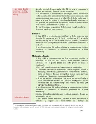 242
de peso diario
extremos < de 30g
tardío y moderado <
de 20g
- Agendar control de peso, cada 48 a 72 horas y si es necesario
derivar a consulta o clínica de lactancia materna
- Si se detecta que el incremento de peso sigue siendo insuficiente
en la reevaluación, administrar formulas complementarias con
mecanismos que favorezcan la producción de leche materna y el
correcto acople del niño o la niña (sonda al pecho y cuando no
sea posible por problemas de succión, sonda al dedo o vasito
(Ver sección “Alimentación”, Capítulo 5).
- Revisar técnica de preparación de la fórmula complementaria.
- Descartar patología intercurrente.
Extremo
- Si hay LME o predominante, fortificar la leche materna con
fórmula de prematuro al 4% (casi 1 medida de 4,7g o media
medida de 8,8 g por 100 cc de leche materna extraída) hasta los 2
meses de edad corregida como mínimo (idealmente con sonda al
pecho)34.
- Si se alimenta con fórmula exclusiva o predominante: indicar
aumentar la frecuencia o volumen (alimentación a libre
demanda).
Moderado o Tardío
- Si hay LME o predominante en los prematuros tardíos, lo
primeros 10 días de vida indicar leche materna extraída
alternada con el pecho (dado que este grupo se cansa al
succionar).
- Si hay LME o predominante en los prematuros moderados:
o Considere fortificar leche materna con leche purita mamá al
2,5% (1/2 medida de 5g por 100cc de leche materna extraída)
hasta los 2 meses de edad corregida o menos según curva de
crecimiento (idealmente con sonda al pecho).
o Si no es posible, suplemente con leche purita fortificada al
7,5% con maltosa dextrina al 7,5% (50 ml/Kg/día – ¼ del
volumen total de alimentación) o una fórmula de inicio (sin
agregar maltosa dextrina).
- Si se alimenta con fórmula exclusiva o predominante: indicar
aumentar la frecuencia o volumen (alimentación a libre
demanda).
Ictericia clínica
- Solicitar bilirrubinemia total, con resultado urgente, dentro las
primeras 24 horas.
- Si los niveles están alterados, derivar a nivel secundario o
terciario y seguir las indicaciones de manejo de
34
La medida de la fórmula de prematuro usada es PreNAN, cuya medida es de 4,7g, la indicación sería en este caso la
indicación es 1 medida casi llena. Si se trata de SMA gold de prematuro, cuya medida es de 8,8 g, corresponde media
medida.
 