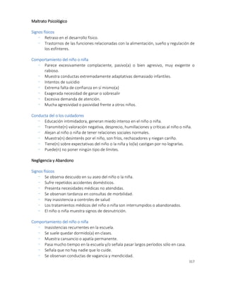 317
Maltrato Psicológico
Signos físicos
- Retraso en el desarrollo físico.
- Trastornos de las funciones relacionadas con la alimentación, sueño y regulación de
los esfínteres.
Comportamiento del niño o niña
- Parece excesivamente complaciente, pasivo(a) o bien agresivo, muy exigente o
rabioso.
- Muestra conductas extremadamente adaptativas demasiado infantiles.
- Intentos de suicidio
- Extrema falta de confianza en sí mismo(a)
- Exagerada necesidad de ganar o sobresalir
- Excesiva demanda de atención.
- Mucha agresividad o pasividad frente a otros niños.
Conducta del o los cuidadores
- Educación intimidadora, generan miedo intenso en el niño o niña.
- Transmite(n) valoración negativa, desprecio, humillaciones y críticas al niño o niña.
- Alejan al niño o niña de tener relaciones sociales normales.
- Muestra(n) desinterés por el niño, son fríos, rechazadores y niegan cariño.
- Tiene(n) sobre expectativas del niño o la niña y lo(la) castigan por no lograrlas.
- Puede(n) no poner ningún tipo de límites.
Negligencia y Abandono
Signos físicos
- Se observa descuido en su aseo del niño o la niña.
- Sufre repetidos accidentes domésticos.
- Presenta necesidades médicas no atendidas.
- Se observan tardanza en consultas de morbilidad.
- Hay inasistencia a controles de salud
- Los tratamientos médicos del niño o niña son interrumpidos o abandonados.
- El niño o niña muestra signos de desnutrición.
Comportamiento del niño o niña
- Inasistencias recurrentes en la escuela.
- Se suele quedar dormido(a) en clases.
- Muestra cansancio o apatía permanente.
- Pasa mucho tiempo en la escuela y/o señala pasar largos períodos sólo en casa.
- Señala que no hay nadie que lo cuide.
- Se observan conductas de vagancia y mendicidad.
 