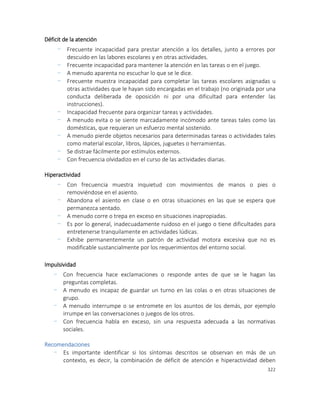 322
Déficit de la atención
- Frecuente incapacidad para prestar atención a los detalles, junto a errores por
descuido en las labores escolares y en otras actividades.
- Frecuente incapacidad para mantener la atención en las tareas o en el juego.
- A menudo aparenta no escuchar lo que se le dice.
- Frecuente muestra incapacidad para completar las tareas escolares asignadas u
otras actividades que le hayan sido encargadas en el trabajo (no originada por una
conducta deliberada de oposición ni por una dificultad para entender las
instrucciones).
- Incapacidad frecuente para organizar tareas y actividades.
- A menudo evita o se siente marcadamente incómodo ante tareas tales como las
domésticas, que requieran un esfuerzo mental sostenido.
- A menudo pierde objetos necesarios para determinadas tareas o actividades tales
como material escolar, libros, lápices, juguetes o herramientas.
- Se distrae fácilmente por estímulos externos.
- Con frecuencia olvidadizo en el curso de las actividades diarias.
Hiperactividad
- Con frecuencia muestra inquietud con movimientos de manos o pies o
removiéndose en el asiento.
- Abandona el asiento en clase o en otras situaciones en las que se espera que
permanezca sentado.
- A menudo corre o trepa en exceso en situaciones inapropiadas.
- Es por lo general, inadecuadamente ruidoso en el juego o tiene dificultades para
entretenerse tranquilamente en actividades lúdicas.
- Exhibe permanentemente un patrón de actividad motora excesiva que no es
modificable sustancialmente por los requerimientos del entorno social.
Impulsividad
- Con frecuencia hace exclamaciones o responde antes de que se le hagan las
preguntas completas.
- A menudo es incapaz de guardar un turno en las colas o en otras situaciones de
grupo.
- A menudo interrumpe o se entromete en los asuntos de los demás, por ejemplo
irrumpe en las conversaciones o juegos de los otros.
- Con frecuencia habla en exceso, sin una respuesta adecuada a las normativas
sociales.
Recomendaciones
- Es importante identificar si los síntomas descritos se observan en más de un
contexto, es decir, la combinación de déficit de atención e hiperactividad deben
 