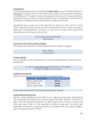 400
Interpretación
Lo primero que hay que hacer es considerar la edad mental, la cual está determinada por el
mes mayor en el que el niño o la niña cumple con los 5 ítems, este se considera línea base y
se multiplica por 30. Luego se le suman los puntajes de los ítems de los meses superiores a
línea base en los que el niño o la niña respondió con éxito. Finalmente se suman los días de
la línea base y el puntaje adicional, obteniéndose la edad mental en días.
Supongamos que en este caso el niño respondió con éxito los 5 ítems de los 7 y los 8
meses, respondió con éxito el ítem 44 y 45 (correspondiente de los 9 meses) y fracasó en
todos ítems correspondientes a 10 meses. En este caso se considera los 8 meses como
línea base y se suman 6 puntos más por ítem.
Ej: (8 * 30)+12 puntos adicionales
EM=252 días
Razón entre edad mental y edad cronológica
Para obtener este indicador se divide la edad mental por la edad cronológica:
Razón: EM/EC
Ej: 252/234=1,07
Puntaje estándar
Una vez obtenida la razón se debe buscar en la tabla correspondiente a la edad el Puntaje
Estándar (PE).
Ej: 1,07 en la tabla de 8 meses corresponde a un PE de 0,95
8 meses con EM/EC: 1,07 = PE: 0,95
Coeficiente de desarrollo
Determinar el coeficiente de desarrollo según el siguiente criterio:
PE Coeficiente de desarrollo (CD)
Mayor o igual a 0,85 Normal
Entre 0,84 y 0,70 Riesgo
Menor o igual a 0,69 Retraso
En este caso el niño tendría un Coeficiente de desarrollo “Normal”
Perfil de desarrollo psicomotor
Además se debe especificar si existe déficit o no en alguna área particular, independiente
que el coeficiente de desarrollo se encuentro dentro del rango “Normal”. Para ello en la
tabla “Perfil del desarrollo psicomotor” se debe encerrar con un círculo el número del
último ítem que el niño o la niña respondió con éxito en cada área. Si el último ítem
respondido con éxito de un área se encuentra en una edad inferior a la edad cronológica,
ésta se considerará como en “Déficit”.
 