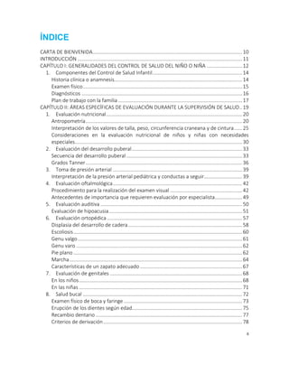 4
ÍNDICE
CARTA DE BIENVENIDA..............................................................................................................10
INTRODUCCIÓN .........................................................................................................................11
CAPÍTULO I: GENERALIDADES DEL CONTROL DE SALUD DEL NIÑO O NIÑA ..........................12
1. Componentes del Control de Salud Infantil..................................................................14
Historia clínica o anamnesis..............................................................................................14
Examen físico.....................................................................................................................15
Diagnósticos ......................................................................................................................16
Plan de trabajo con la familia ...........................................................................................17
CAPÍTULO II: ÁREAS ESPECÍFICAS DE EVALUACIÓN DURANTE LA SUPERVISIÓN DE SALUD..19
1. Evaluación nutricional....................................................................................................20
Antropometría...................................................................................................................20
Interpretación de los valores de talla, peso, circunferencia craneana y de cintura......25
Consideraciones en la evaluación nutricional de niños y niñas con necesidades
especiales...........................................................................................................................30
2. Evaluación del desarrollo puberal.................................................................................33
Secuencia del desarrollo puberal .....................................................................................33
Grados Tanner...................................................................................................................36
3. Toma de presión arterial ...............................................................................................39
Interpretación de la presión arterial pediátrica y conductas a seguir............................39
4. Evaluación oftalmológica...............................................................................................42
Procedimiento para la realización del examen visual .....................................................42
Antecedentes de importancia que requieren evaluación por especialista....................49
5. Evaluación auditiva ........................................................................................................50
Evaluación de hipoacusia..................................................................................................51
6. Evaluación ortopédica ...................................................................................................57
Displasia del desarrollo de cadera....................................................................................58
Escoliosis............................................................................................................................60
Genu valgo.........................................................................................................................61
Genu varo ..........................................................................................................................62
Pie plano ............................................................................................................................62
Marcha...............................................................................................................................64
Características de un zapato adecuado ...........................................................................67
7. Evaluación de genitales .................................................................................................68
En los niños........................................................................................................................68
En las niñas ........................................................................................................................71
8. Salud bucal .....................................................................................................................72
Examen físico de boca y faringe .......................................................................................73
Erupción de los dientes según edad.................................................................................75
Recambio dentario............................................................................................................77
Criterios de derivación......................................................................................................78
 