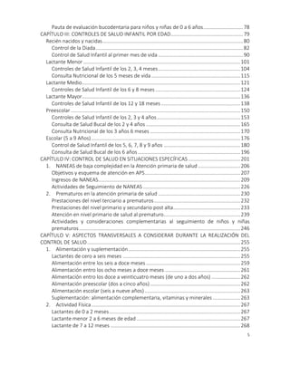5
Pauta de evaluación bucodentaria para niños y niñas de 0 a 6 años.............................78
CAPÍTULO III: CONTROLES DE SALUD INFANTIL POR EDAD.....................................................79
Recién nacidos y nacidas.......................................................................................................80
Control de la Diada............................................................................................................82
Control de Salud Infantil al primer mes de vida ..............................................................90
Lactante Menor...................................................................................................................101
Controles de Salud Infantil de los 2, 3, 4 meses............................................................104
Consulta Nutricional de los 5 meses de vida .................................................................115
Lactante Medio....................................................................................................................121
Controles de Salud Infantil de los 6 y 8 meses ..............................................................124
Lactante Mayor....................................................................................................................136
Controles de Salud Infantil de los 12 y 18 meses..........................................................138
Preescolar ............................................................................................................................150
Controles de Salud Infantil de los 2, 3 y 4 años.............................................................153
Consulta de Salud Bucal de los 2 y 4 años .....................................................................165
Consulta Nutricional de los 3 años 6 meses ..................................................................170
Escolar (5 a 9 Años).............................................................................................................176
Control de Salud Infantil de los 5, 6, 7, 8 y 9 años ........................................................180
Consulta de Salud Bucal de los 6 años...........................................................................196
CAPÍTULO IV: CONTROL DE SALUD EN SITUACIONES ESPECÍFICAS ......................................201
1. NANEAS de baja complejidad en la Atención primaria de salud...............................206
Objetivos y esquema de atención en APS......................................................................207
Ingresos de NANEAS........................................................................................................209
Actividades de Seguimiento de NANEAS .......................................................................226
2. Prematuros en la atención primaria de salud ............................................................230
Prestaciones del nivel terciario a prematuros...............................................................232
Prestaciones del nivel primario y secundario post alta.................................................233
Atención en nivel primario de salud al prematuro........................................................239
Actividades y consideraciones complementarias al seguimiento de niños y niñas
prematuros......................................................................................................................246
CAPÍTULO V: ASPECTOS TRANSVERSALES A CONSIDERAR DURANTE LA REALIZACIÓN DEL
CONTROL DE SALUD................................................................................................................255
1. Alimentación y suplementación..................................................................................255
Lactantes de cero a seis meses ......................................................................................255
Alimentación entre los seis a doce meses .....................................................................259
Alimentación entro los ocho meses a doce meses .......................................................261
Alimentación entro los doce a veinticuatro meses (de uno a dos años) .....................262
Alimentación preescolar (dos a cinco años)..................................................................262
Alimentación escolar (seis a nueve años)......................................................................263
Suplementación: alimentación complementaria, vitaminas y minerales ....................263
2. Actividad Física.............................................................................................................267
Lactantes de 0 a 2 meses................................................................................................267
Lactante menor 2 a 6 meses de edad............................................................................267
Lactante de 7 a 12 meses ...............................................................................................268
 